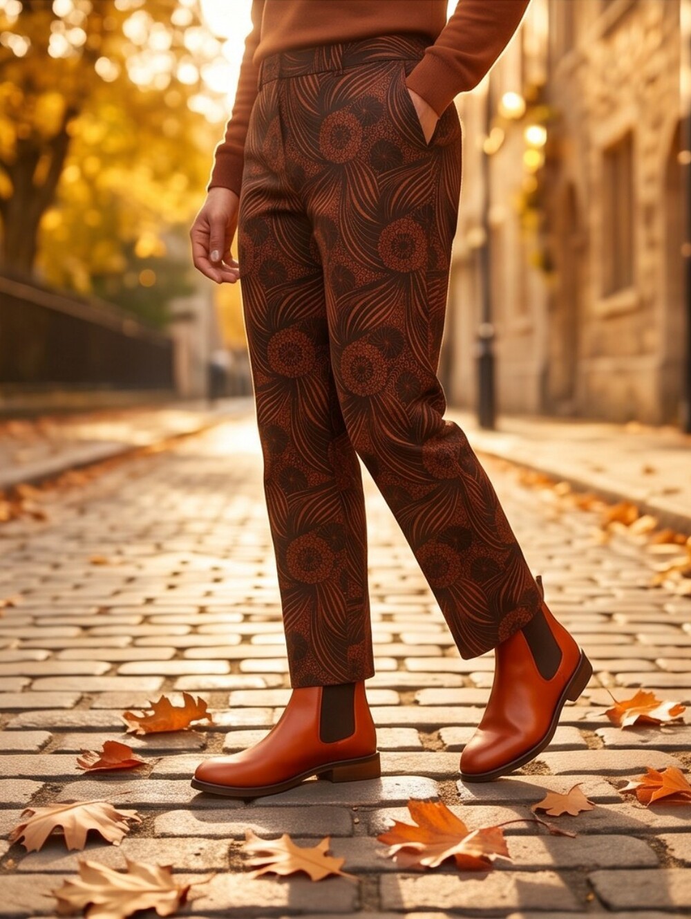 Anthropologie burnt orange patterned Pants With Slit Pockets In The Front